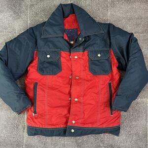 Men's Vintage 70's Down Fill Country Navy Blue Red Bomber Zip Puffer Jacket Sz L